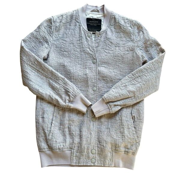 ALL SAINTS PAYTON Bomber Jacket Embossed Gray Snap Sz 2 lightweight Italian - Picture 4 of 11